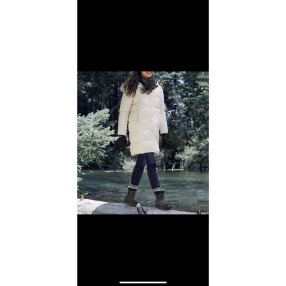 L.L. Bean Mid Long Cream Hooded Down Puffer All Weather Coat Jacket Large - Picture 1 of 11